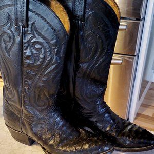 Tony Lama Ostrich Black Leather Cowboy Boots
